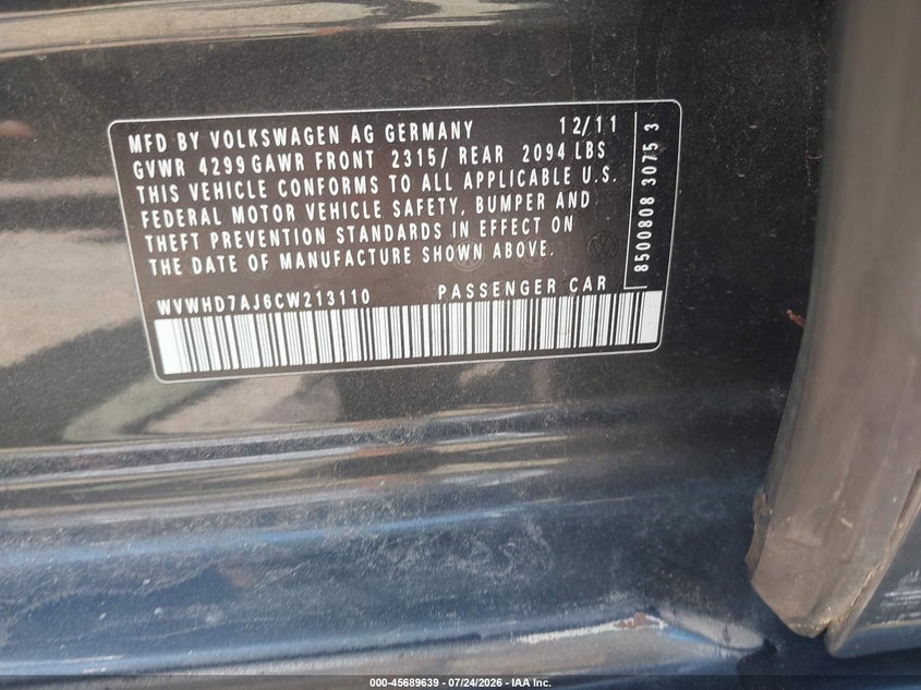 2012 Volkswagen Gti VIN WVWHD7AJ6CW213110 IAAI salvage auction — FRONT END, Salvage Title, sold $1,050 on 2026-08-03 (photo 9)