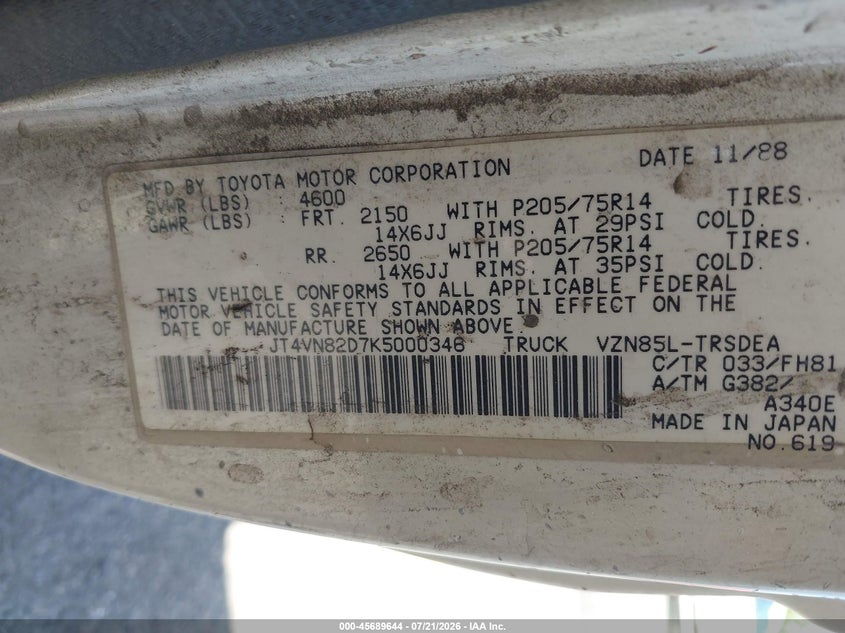 1989 Toyota Pickup VIN JT4VN82D7K5000346 IAAI salvage auction — NORMAL WEAR, Clear - Dealer Only (California), sold $325 on 2026-07-28 (photo 9)