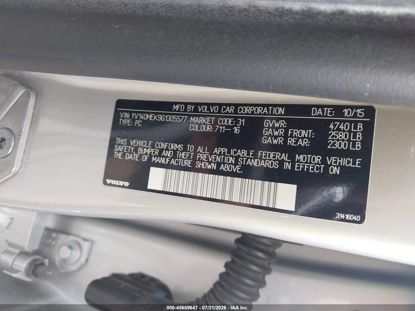 2016 Volvo V60 VIN YV140MEK9G1305577 IAAI salvage auction — SIDE, Bill Of Sale (Washington), sold $1,400 on 2026-08-11 (photo 9)