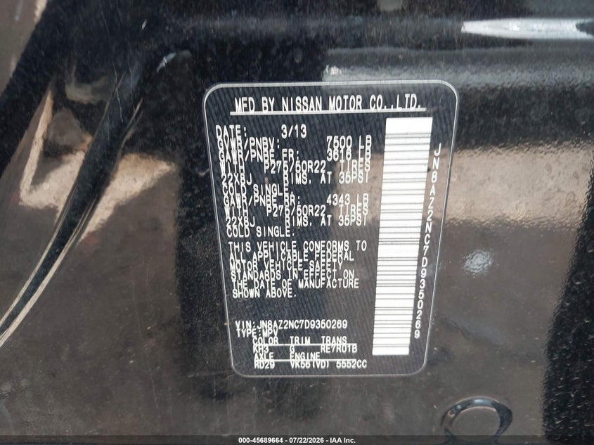 2013 Infiniti Qx56 VIN JN8AZ2NC7D9350269 IAAI salvage auction — RIGHT FRONT, Salvage (Alabama), sold $2,125 on 2026-08-28 (photo 9)