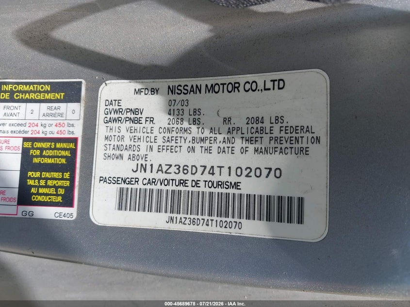 2004 Nissan 350z VIN JN1AZ36D74T102070 IAAI salvage auction — NORMAL WEAR, Clear - Dealer Only (California), sold $25 on 2026-07-30 (photo 9)