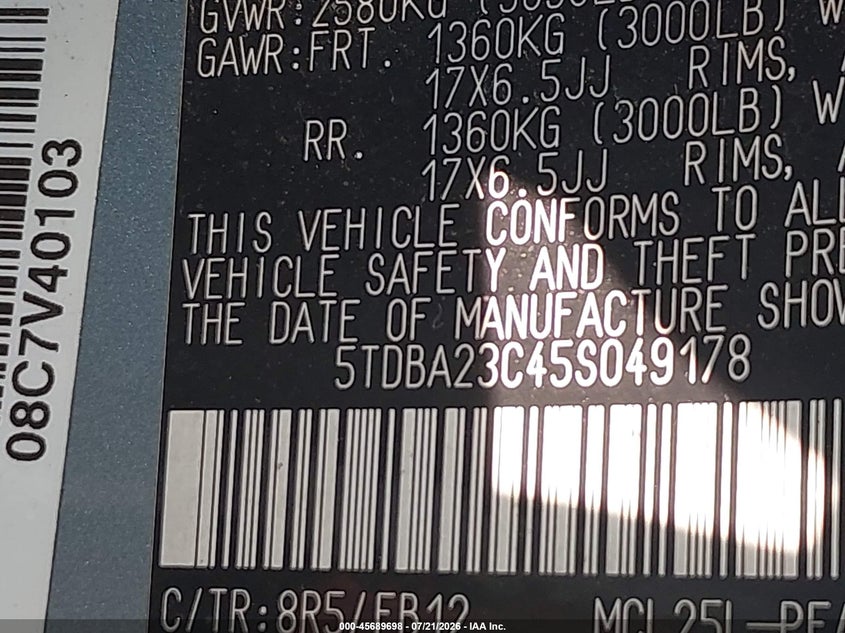 2005 Toyota Sienna VIN 5TDBA23C45S049178 IAAI salvage auction — NORMAL WEAR, Clear (Illinois), sold $650 on 2026-07-29 (photo 9)