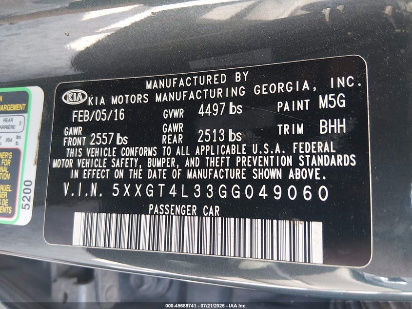 2016 Kia Optima VIN 5XXGT4L33GG049060 IAAI salvage auction — NORMAL WEAR, Clear (Alabama), sold $675 on 2026-07-31 (photo 9)