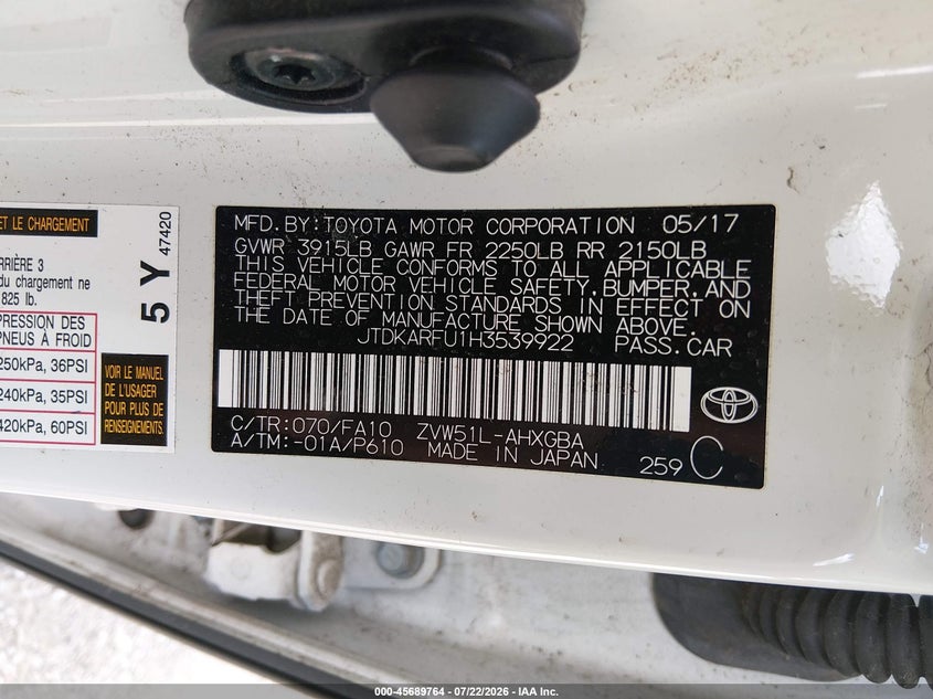 2017 Toyota Prius VIN JTDKARFU1H3539922 IAAI salvage auction — NORMAL WEAR, Clear (Indiana), sold $4,450 on 2026-07-28 (photo 9)