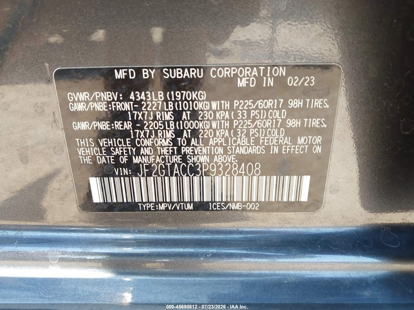 2023 Subaru Xv VIN JF2GTACC3P9328408 IAAI salvage auction — FRONT END, Original (Texas), sold $9,100 on 2026-09-01 (photo 9)