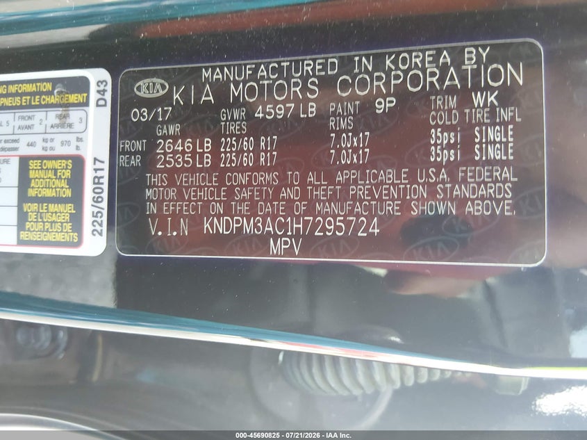 2017 Kia Sportage VIN KNDPM3AC1H7295724 IAAI salvage auction — NORMAL WEAR, Clear (Tennessee), sold $25 on 2026-07-30 (photo 9)