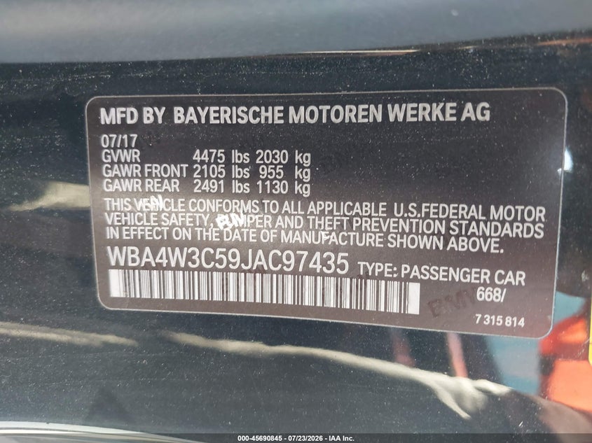 2018 BMW 4er VIN WBA4W3C59JAC97435 IAAI salvage auction — MECHANICAL, Nrc Lienholder Repossession Paperwork (California), sold $3,050 on 2026-08-18 (photo 9)