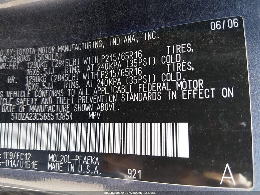 2006 Toyota Sienna VIN 5TDZA23C56S513854 IAAI salvage auction — NORMAL WEAR, Clear (Illinois), sold $550 on 2026-07-29 (photo 9)