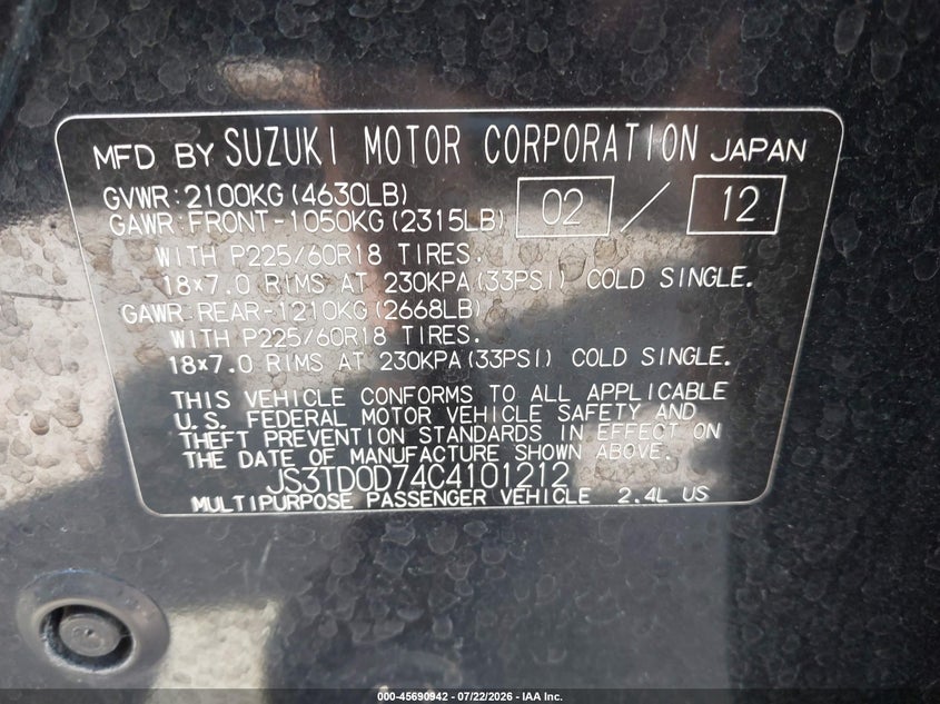 2012 Suzuki Grand vitara VIN JS3TD0D74C4101212 IAAI salvage auction — NORMAL WEAR, Clear (Washington), sold $75 on 2026-07-29 (photo 9)