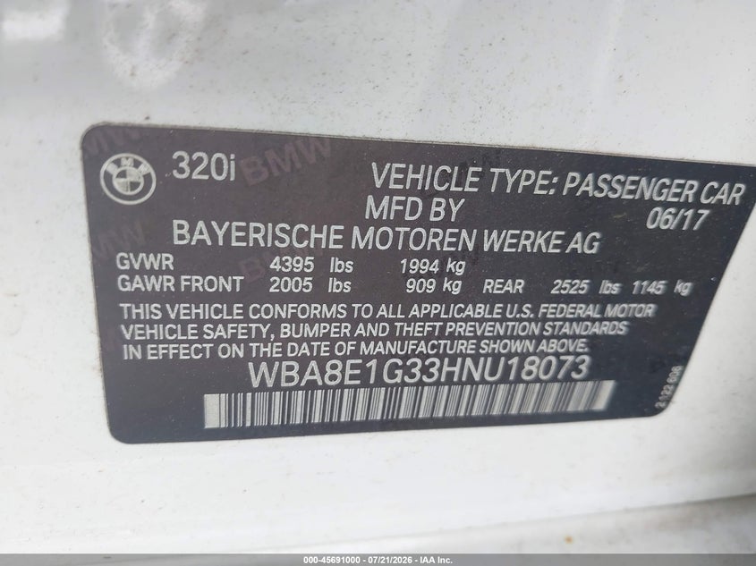 2017 BMW 3 series VIN WBA8E1G33HNU18073 IAAI salvage auction — NORMAL WEAR, Repossession Paperwork (Georgia), sold $7,350 on 2026-08-19 (photo 9)