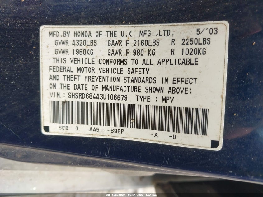 2003 Honda Cr-v VIN SHSRD68443U106679 IAAI salvage auction — NORMAL WEAR, Clear (Florida), sold $25 on 2026-07-30 (photo 9)