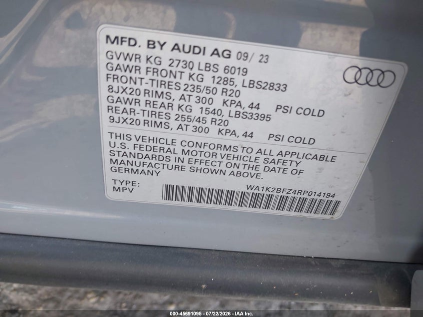 2024 Audi Q4 e-tron VIN WA1K2BFZ4RP014194 IAAI salvage auction — FRONT END, Salvage Title, sold $13,550 on 2026-09-18 (photo 9)