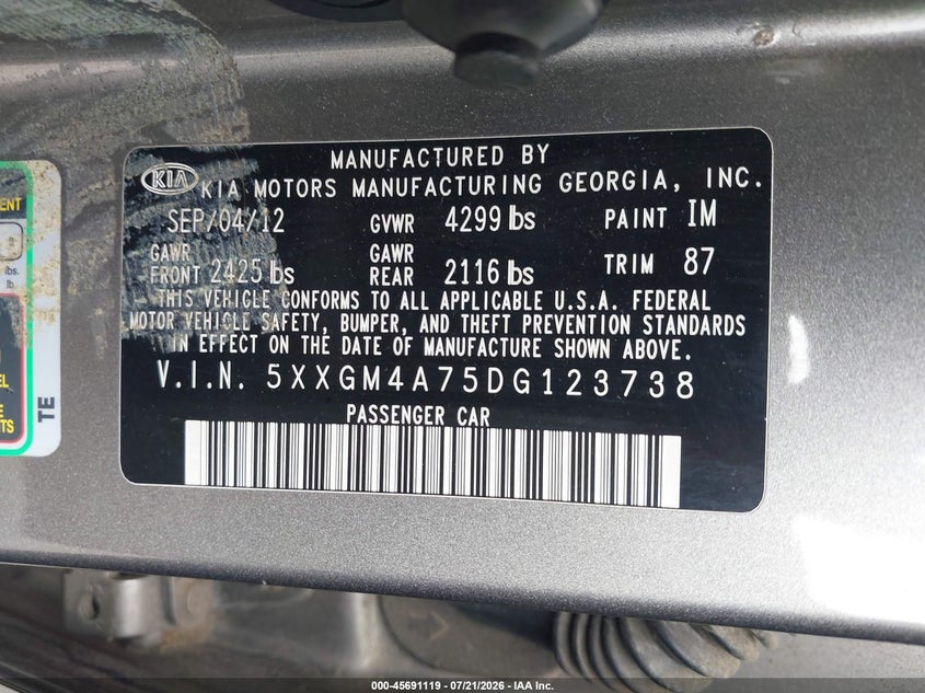 2013 Kia Optima VIN 5XXGM4A75DG123738 IAAI salvage auction — SIDE, Clear-Dealer Only (Maryland), sold $575 on 2026-07-28 (photo 9)