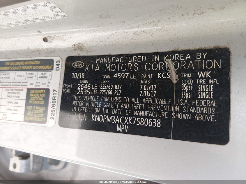 2019 Kia Sportage VIN KNDPM3ACXK7580638 IAAI salvage auction — MECHANICAL, Clear (Florida), sold $2,050 on 2026-07-28 (photo 9)