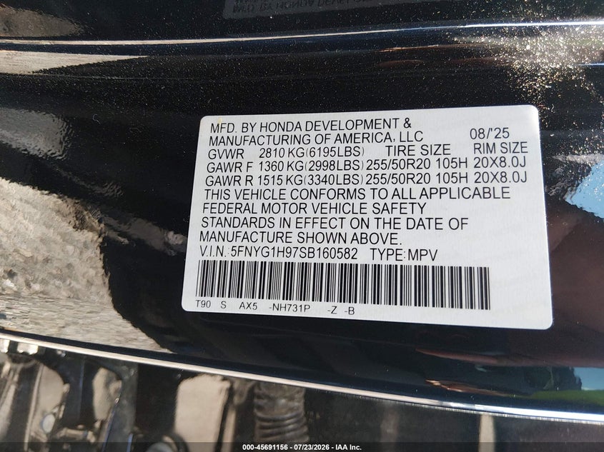 2025 Honda Pilot VIN 5FNYG1H97SB160582 IAAI salvage auction — Front End, Salvage, sold $17,500 on 2026-10-19 (photo 9)