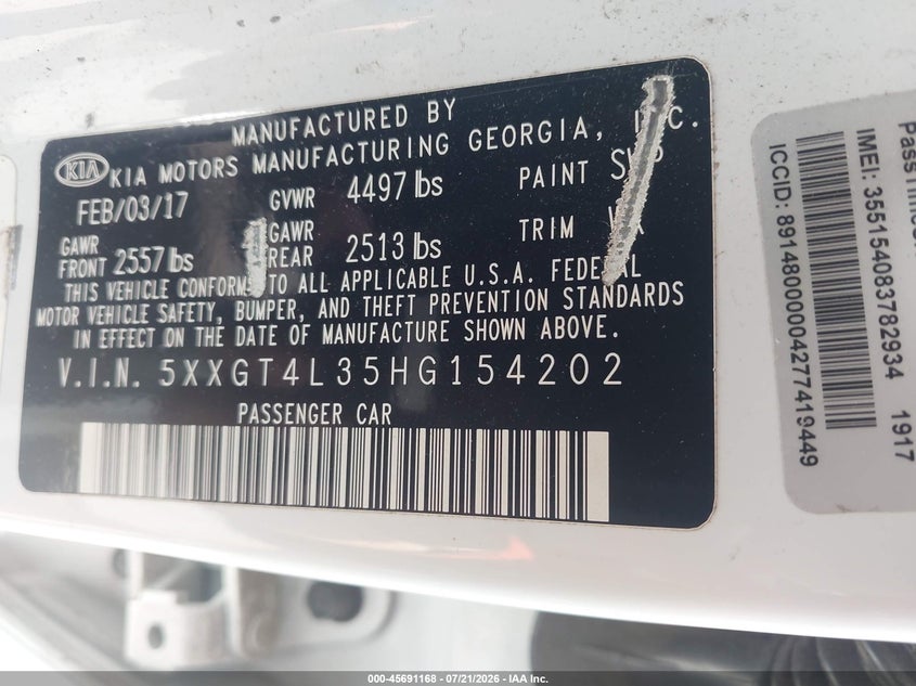 2017 Kia Optima VIN 5XXGT4L35HG154202 IAAI salvage auction — NORMAL WEAR, Salvage Title, sold $25 on 2026-07-27 (photo 9)