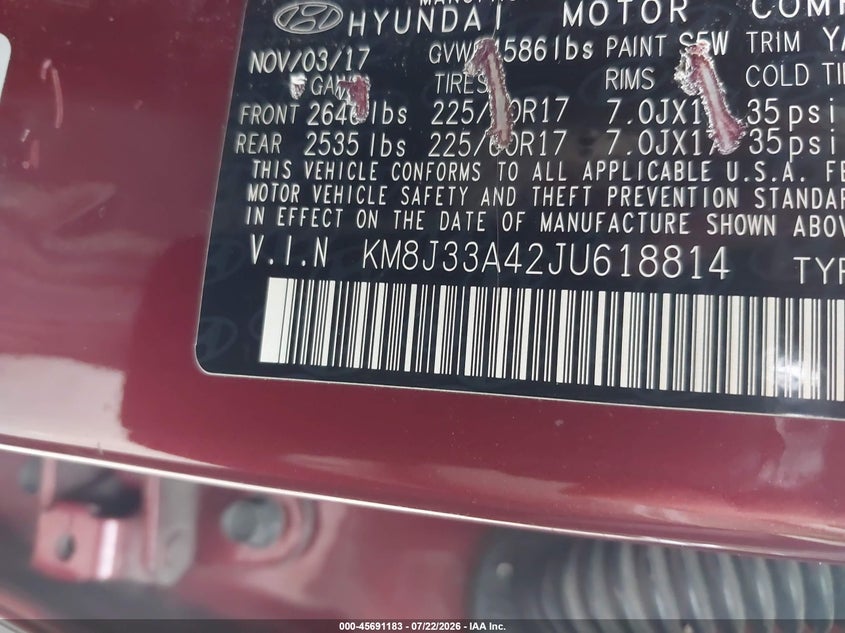 2018 Hyundai Tucson VIN KM8J33A42JU618814 IAAI salvage auction — NORMAL WEAR, Clear (New York), sold $1,550 on 2026-07-28 (photo 9)