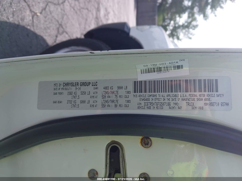 2015 Ram 2500 VIN 3C6TR5HT6FG507186 IAAI salvage auction — NORMAL WEAR, Sf97 (Virginia), sold $14,500 on 2026-08-19 (photo 9)