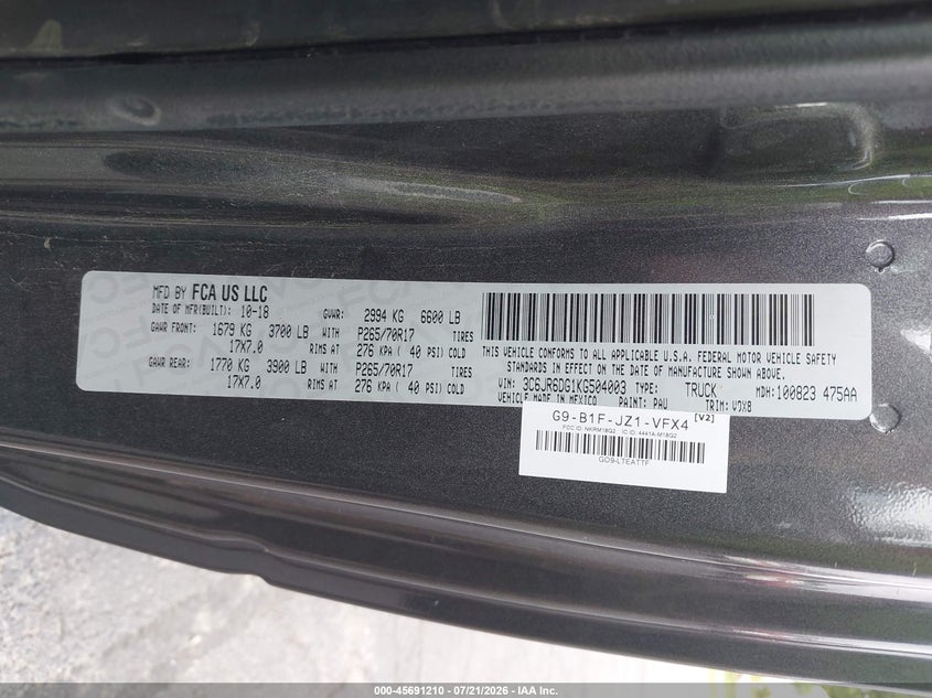 2019 Ram 1500 VIN 3C6JR6DG1KG504003 IAAI salvage auction — NORMAL WEAR, Sf97 (Virginia), sold $9,725 on 2026-08-19 (photo 9)