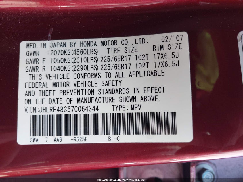 2007 Honda Cr-v VIN JHLRE48367C064344 IAAI salvage auction — FRONT END, Clear (Massachusetts), sold $1,900 on 2026-07-31 (photo 9)