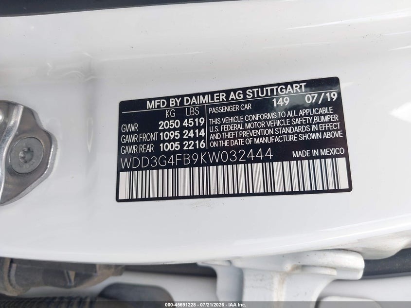 2019 Mercedes-benz A-klasse VIN WDD3G4FB9KW032444 IAAI salvage auction — FRONT & REAR, Clear (Georgia), sold $3,000 on 2026-08-05 (photo 9)