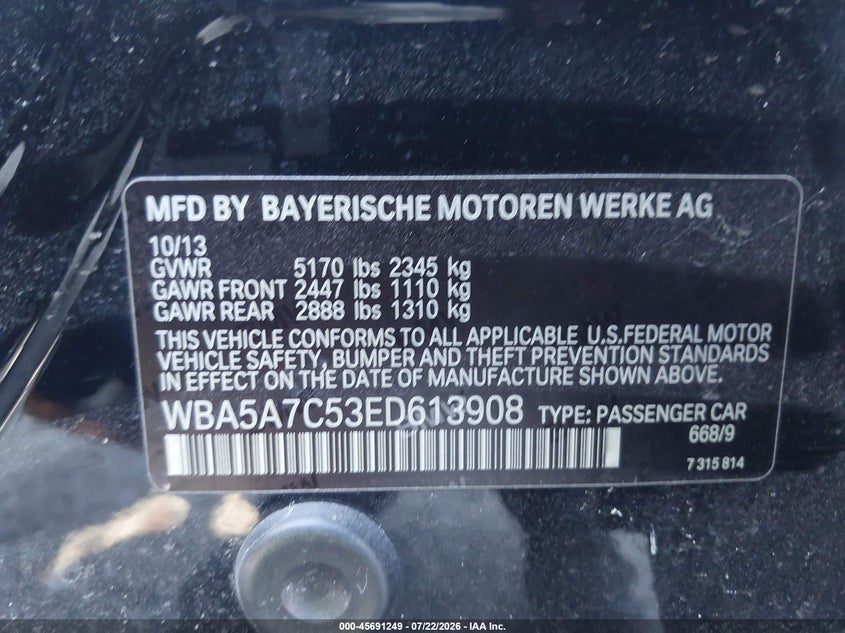 2014 BMW 5er VIN WBA5A7C53ED613908 IAAI salvage auction — LEFT SIDE, Rebuildable (Florida), sold $1,100 on 2026-08-17 (photo 9)