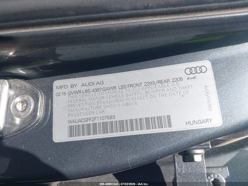 2015 Audi A3 VIN WAUACGFF2F1107583 IAAI salvage auction — NORMAL WEAR, Clear - Dealer Only (California), sold $725 on 2026-07-28 (photo 9)