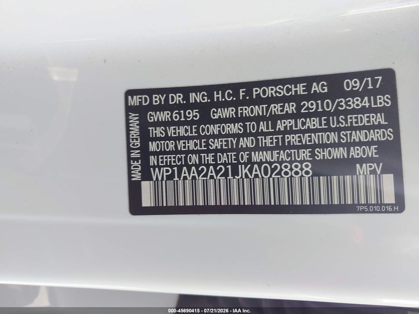 2018 Porsche Cayenne VIN WP1AA2A21JKA02888 IAAI salvage auction — NORMAL WEAR, Salvage Title, sold $9,300 on 2026-08-06 (photo 9)