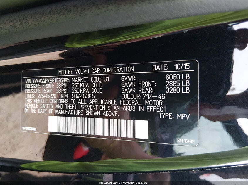 2016 Volvo Xc90 VIN YV4A22PK9G1036885 IAAI salvage auction — NORMAL WEAR, Clear (Massachusetts), sold $5,025 on 2026-08-04 (photo 9)