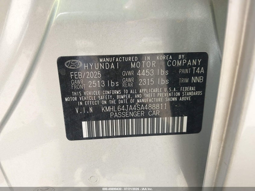 2025 Hyundai Sonata VIN KMHL64JA4SA488811 IAAI salvage auction — REAR END, Salvage Title, sold $14,400 on 2026-07-23 (photo 9)