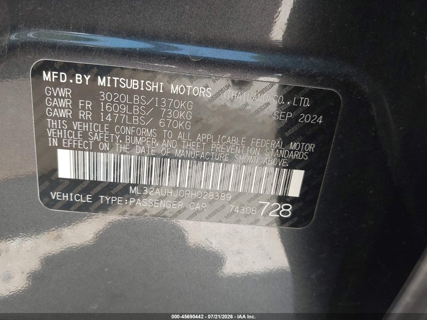 2024 Mitsubishi Mirage VIN ML32AUHJ0RH028389 IAAI salvage auction — LEFT FRONT, Salvage Title, sold $6,800 on 2026-07-23 (photo 9)