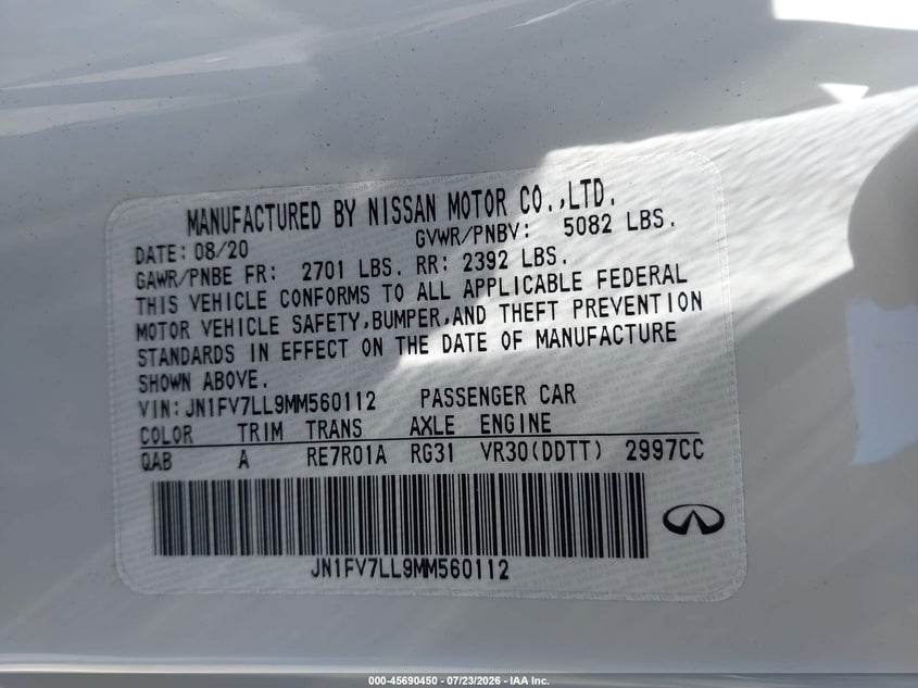 2021 Infiniti Q60 VIN JN1FV7LL9MM560112 IAAI salvage auction — THEFT, Salvage Title, sold $14,200 on 2026-08-18 (photo 9)