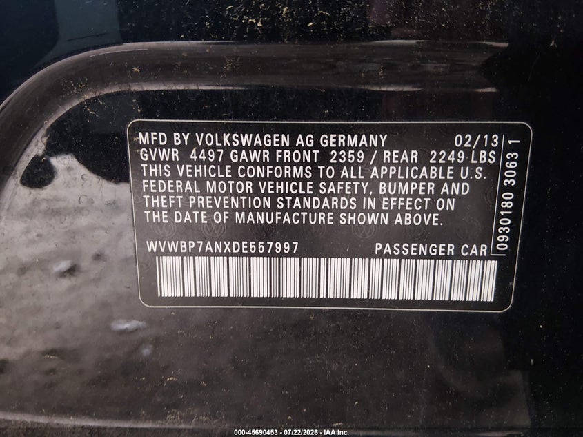 2013 Volkswagen Passat cc VIN WVWBP7ANXDE557997 IAAI salvage auction — NORMAL WEAR, Clear (Virginia), sold $25 on 2026-07-28 (photo 9)