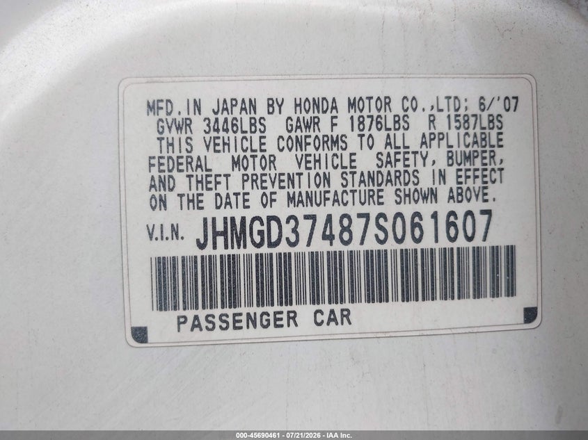 2007 Honda Fit VIN JHMGD37487S061607 IAAI salvage auction — NORMAL WEAR, Clear-Dealer Only (Arizona), sold $25 on 2026-07-28 (photo 9)