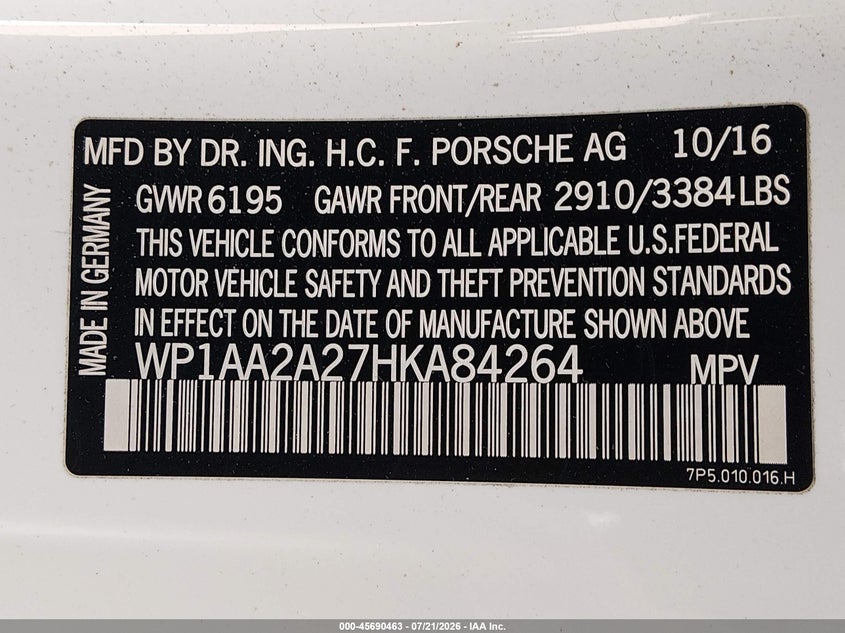 2017 Porsche Cayenne VIN WP1AA2A27HKA84264 IAAI salvage auction — LEFT SIDE, Wait Title, sold $8,800 on 2026-09-14 (photo 9)