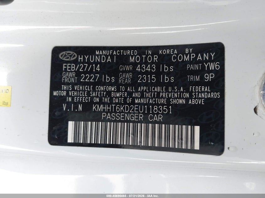 2014 Hyundai Genesis VIN KMHHT6KD2EU118351 IAAI salvage auction — NORMAL WEAR, Clear - Dealer Only (California), sold $200 on 2026-07-30 (photo 9)