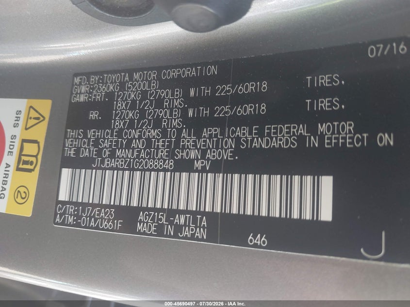 2016 Lexus Nx VIN JTJBARBZ1G2088848 IAAI salvage auction — SUSPENSION, Salvage Title, sold $9,050 on 2026-09-18 (photo 9)