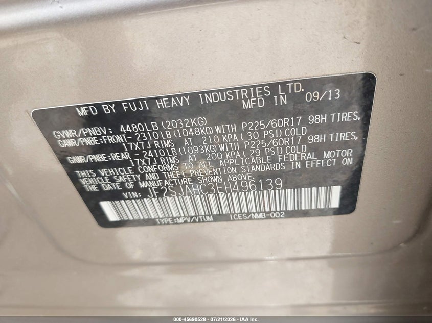 2014 Subaru Forester VIN JF2SJAHC3EH496139 IAAI salvage auction — NORMAL WEAR, Clear (District Of Columbia), sold $25 on 2026-07-29 (photo 9)