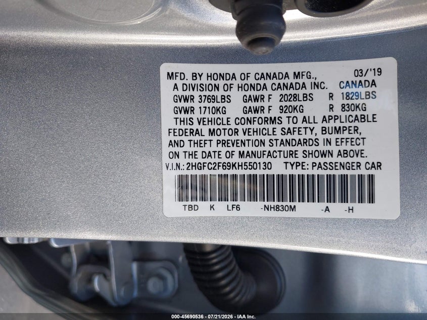 2019 Honda Civic VIN 2HGFC2F69KH550130 IAAI salvage auction — FRONT END, Salvage Title, sold $5,700 on 2026-08-21 (photo 9)
