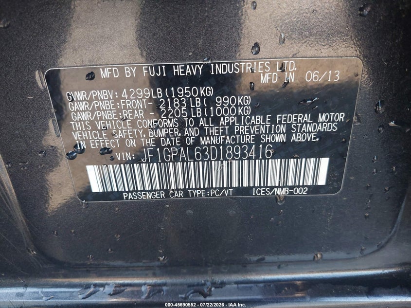 2013 Subaru Impreza VIN JF1GPAL63D1893416 IAAI salvage auction — REAR END, Salvage (California), sold $2,000 on 2026-08-01 (photo 9)