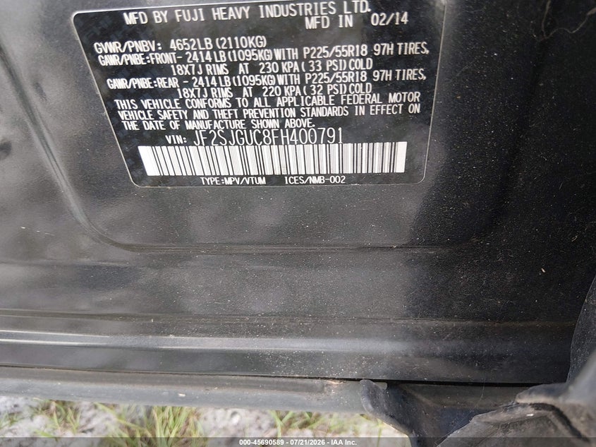 2015 Subaru Forester VIN JF2SJGUC8FH400791 IAAI salvage auction — NORMAL WEAR, Clear (Georgia), sold $525 on 2026-07-24 (photo 9)