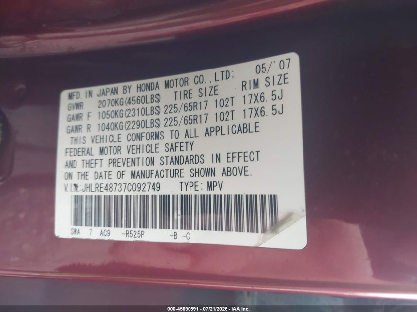 2007 Honda Cr-v VIN JHLRE48737C092749 IAAI salvage auction — NORMAL WEAR, Clear (New York), sold $1,250 on 2026-07-28 (photo 9)