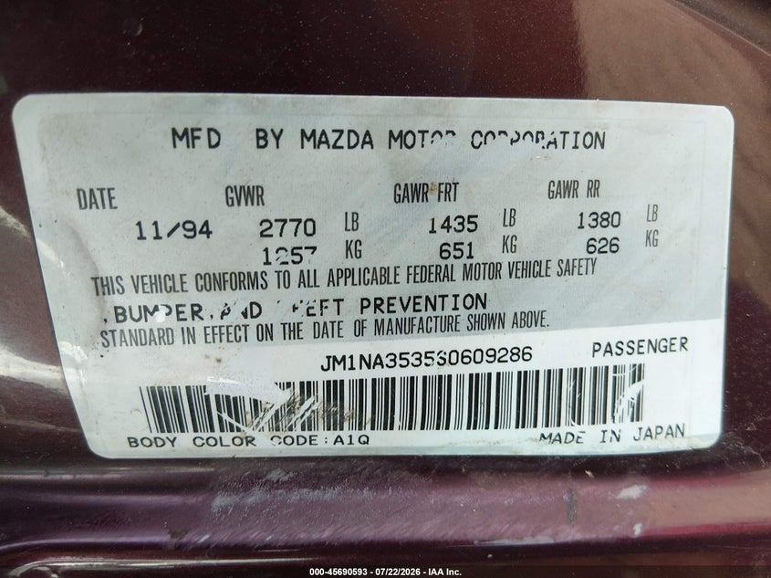 1995 Mazda Mx-5 miata VIN JM1NA3535S0609286 IAAI salvage auction — NORMAL WEAR, Clear (Georgia), sold $1,550 on 2026-07-30 (photo 9)