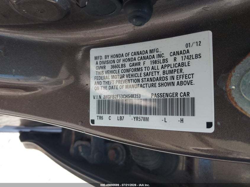 2012 Honda Civic VIN 2HGFB2F53CH548353 IAAI salvage auction — NORMAL WEAR, Clear - Dealer Only (California), sold $25 on 2026-07-24 (photo 9)