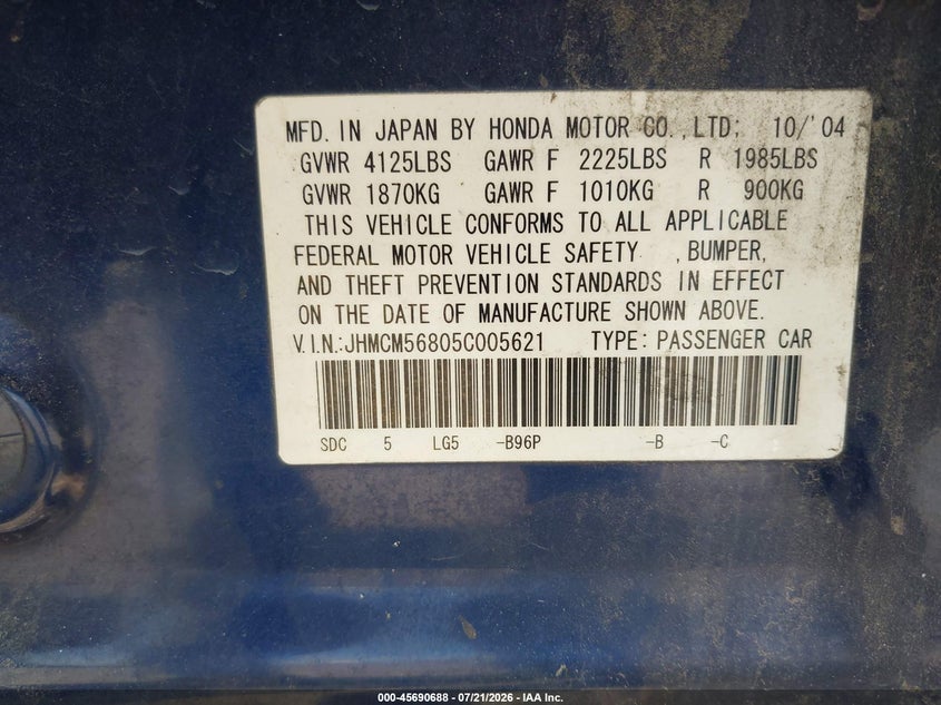 2005 Honda Accord VIN JHMCM56805C005621 IAAI salvage auction — NORMAL WEAR, App For Dup Clear (California), sold $175 on 2026-07-28 (photo 9)
