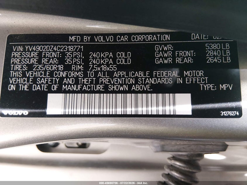 2012 Volvo Xc60 VIN YV4902DZ4C2318771 IAAI salvage auction — FRONT END, Salvage (California), sold $1,200 on 2026-08-22 (photo 9)