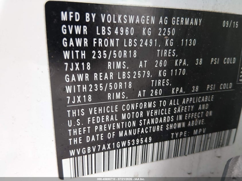 2016 Volkswagen Tiguan VIN WVGBV7AX1GW539549 IAAI salvage auction — NORMAL WEAR, Clear (New Jersey), sold $1,850 on 2026-07-23 (photo 9)