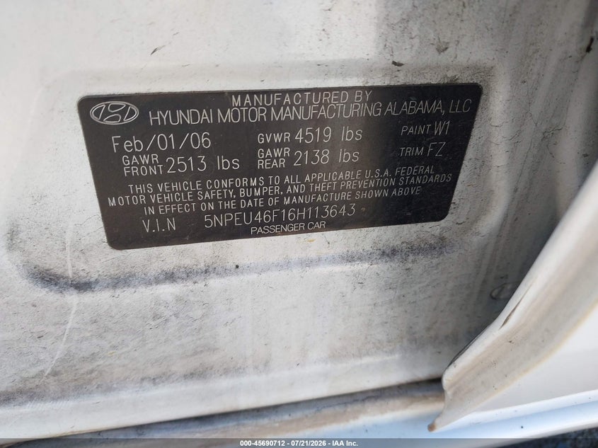 2006 Hyundai Sonata VIN 5NPEU46F16H113643 IAAI salvage auction — NORMAL WEAR, Clear - Dealer Only (California), sold $550 on 2026-08-01 (photo 9)