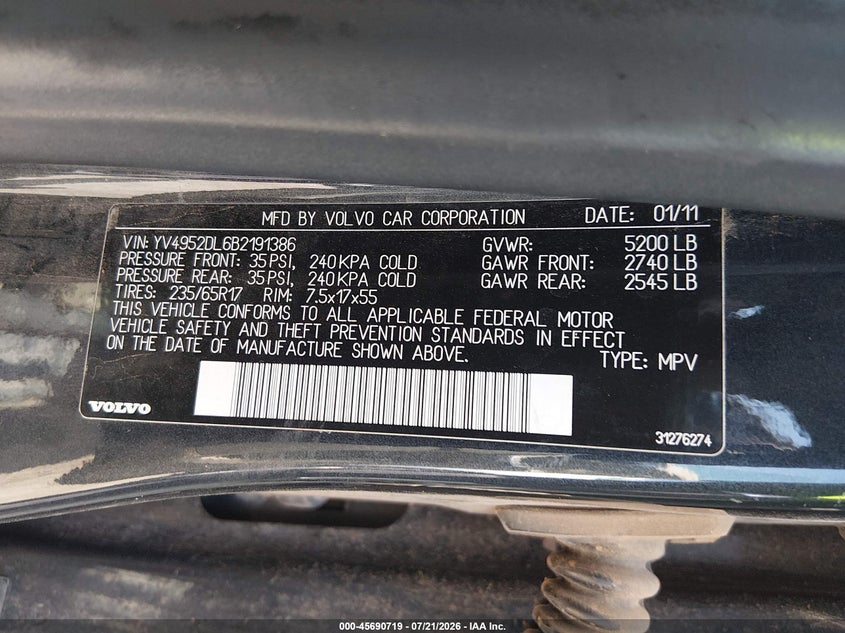 2011 Volvo Xc60 VIN YV4952DL6B2191386 IAAI salvage auction — NORMAL WEAR, Original (Texas), sold $225 on 2026-07-28 (photo 9)