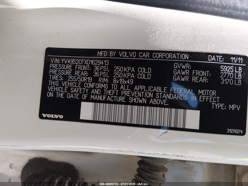 2013 Volvo Xc90 VIN YV4952CFXD1629413 IAAI salvage auction — NORMAL WEAR, Original (Texas), sold $500 on 2026-07-28 (photo 9)